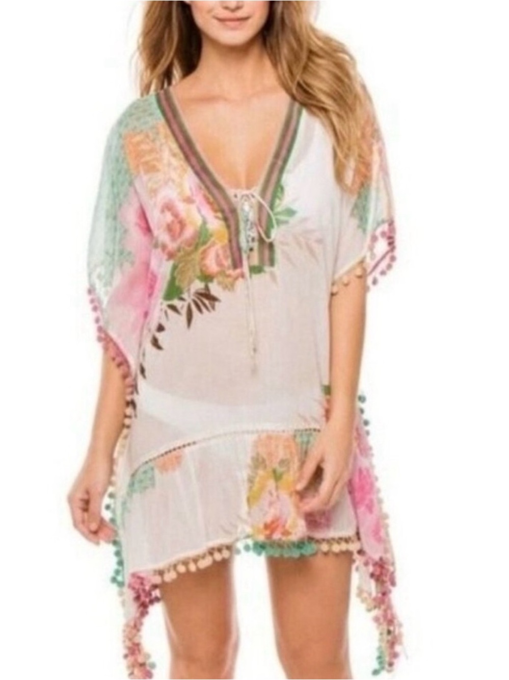 Z&L Floral Pom-Pom Swim Coverup in Pink and Mint